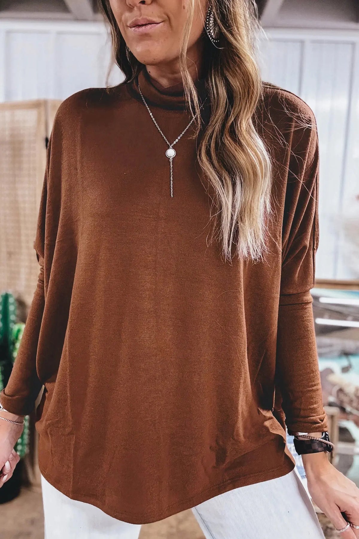 Red Sandalwood High Neck Long Sleeve Top model front view · nz-alt-v1