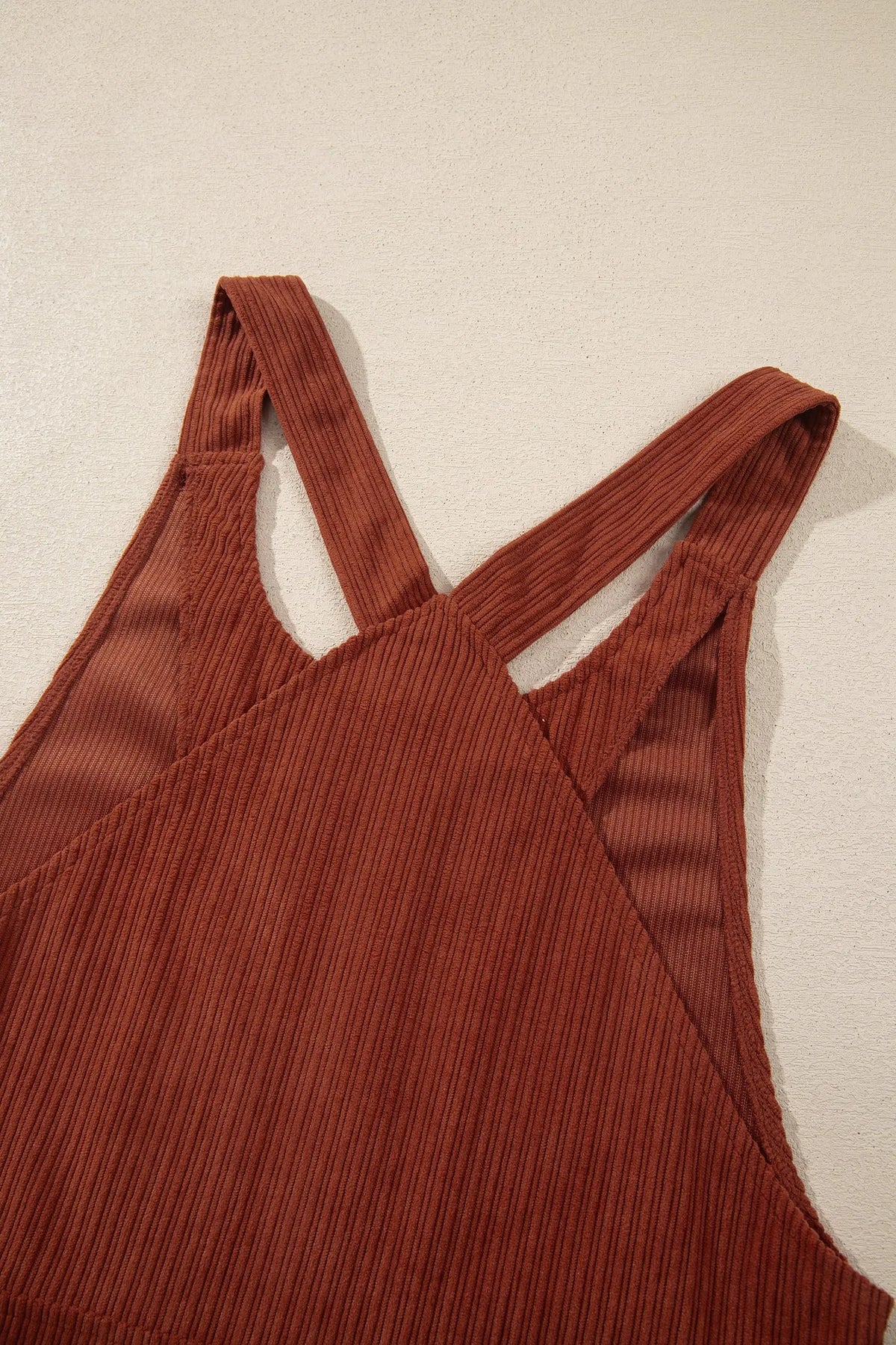 Clay Ribbed Corduroy Zip-Up Sleeveless Pocket Sheath Dress crossover strap detail view · nz-alt-v1