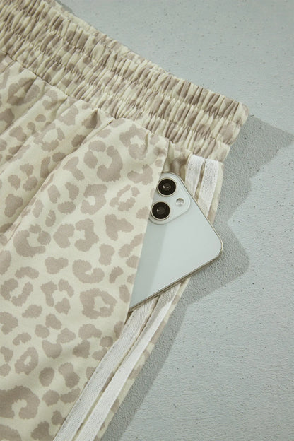 Apricot Leopard Print Varsity Striped Detail 3/4 Sleeve Top Shift Pant Set