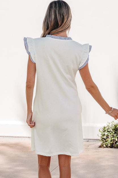 White Contrasted Striped Patchwork Split Neck Ruffle Trim Sleeveless Dress - Casual Dresses