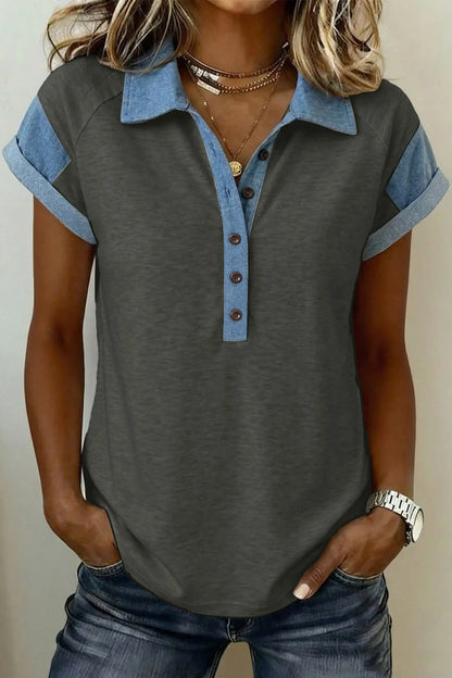 Carbon Grey Denim Color Block Patchwork Shirt Collar Short Sleeve Blouse Nataliz