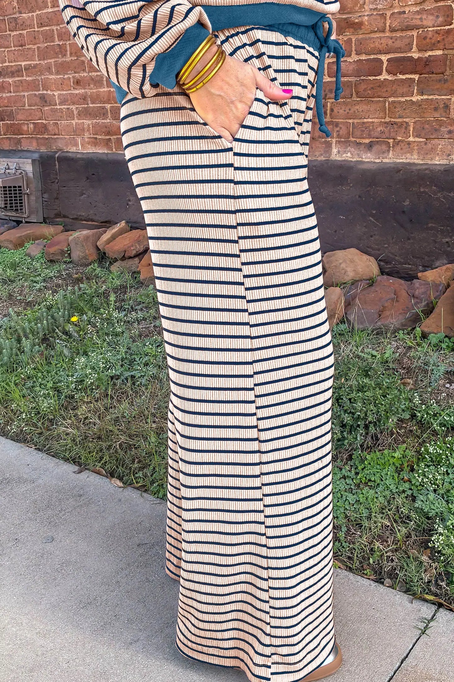 Pink Stripe Striped Colorblock V Neck Long Sleeve Plus Size Set