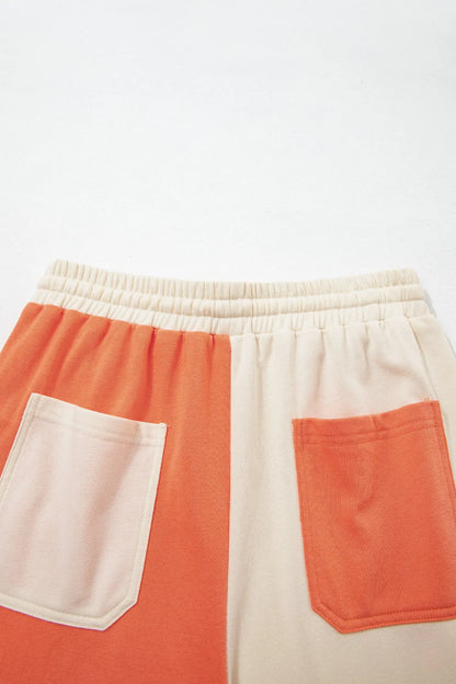Fiery Red Raw Seam Colorblock Wide Leg Ankle Length Casual Pants