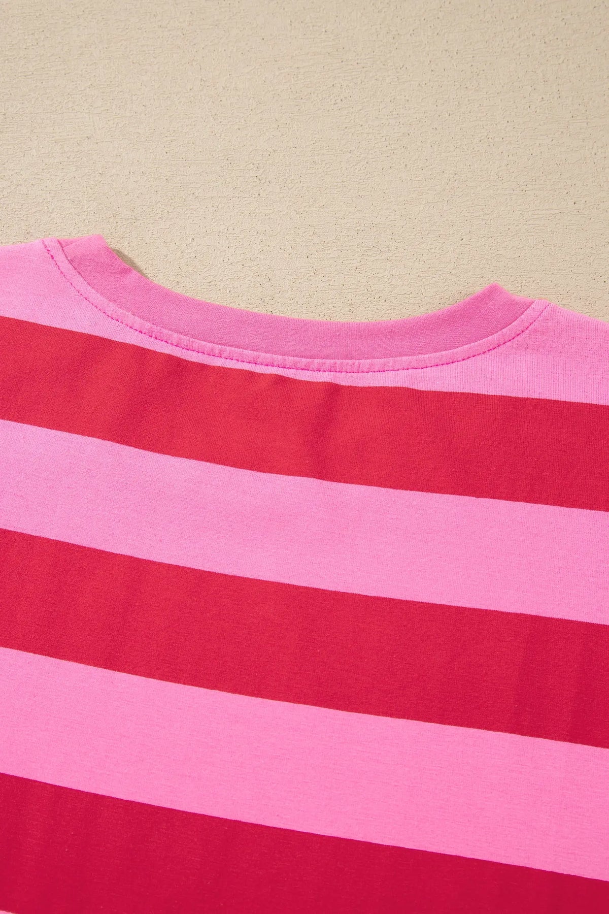 Rose Stripe Cuffed Short Sleeve Pocketed Casual T Shirt Long Dress back neckline detail view · nz-alt-v1