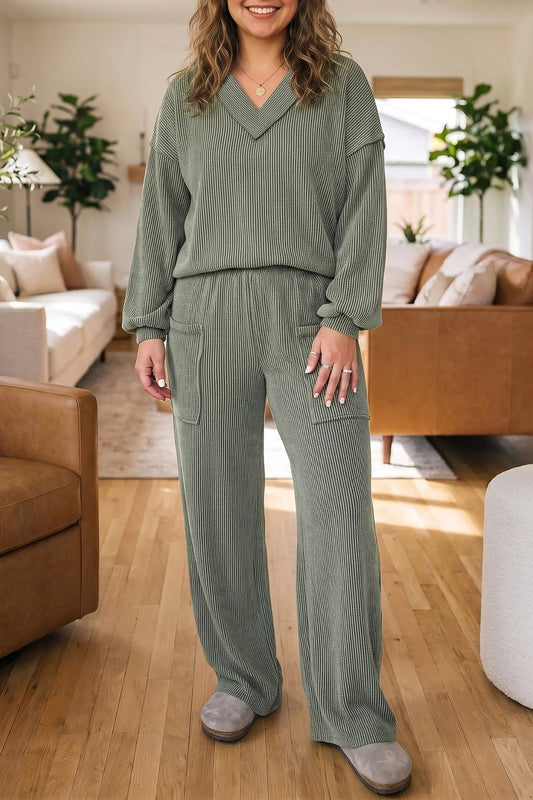 Four Leaf Clover Twisted Ribbed V Neck Pullover Plus Size Pant Set green model front view · nz-alt-v1