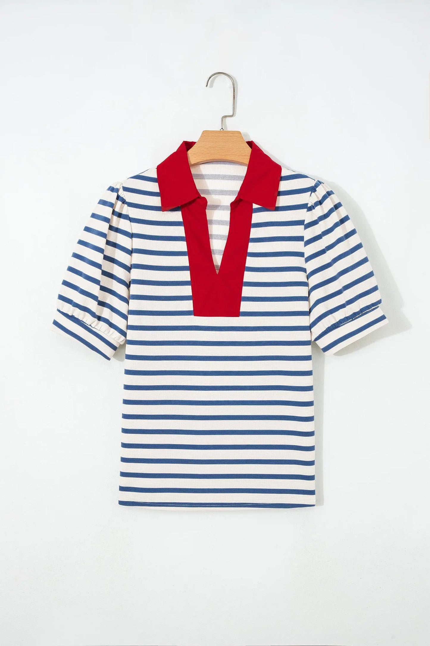 Blue Stripe Short Puff Sleeve Color Block Polo Collar Blouse Nataliz