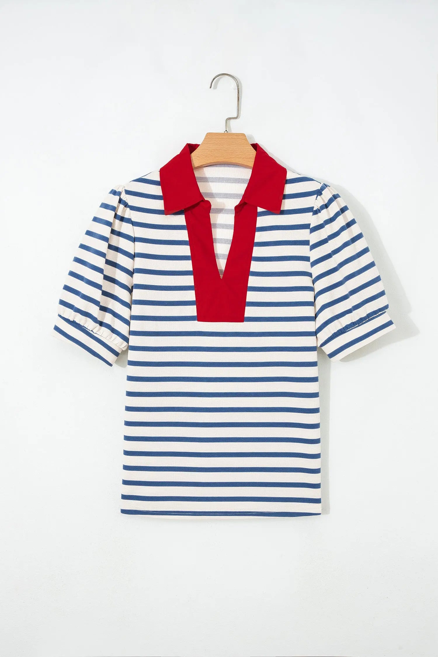 Blue Stripe Short Puff Sleeve Color Block Polo Collar Blouse Nataliz