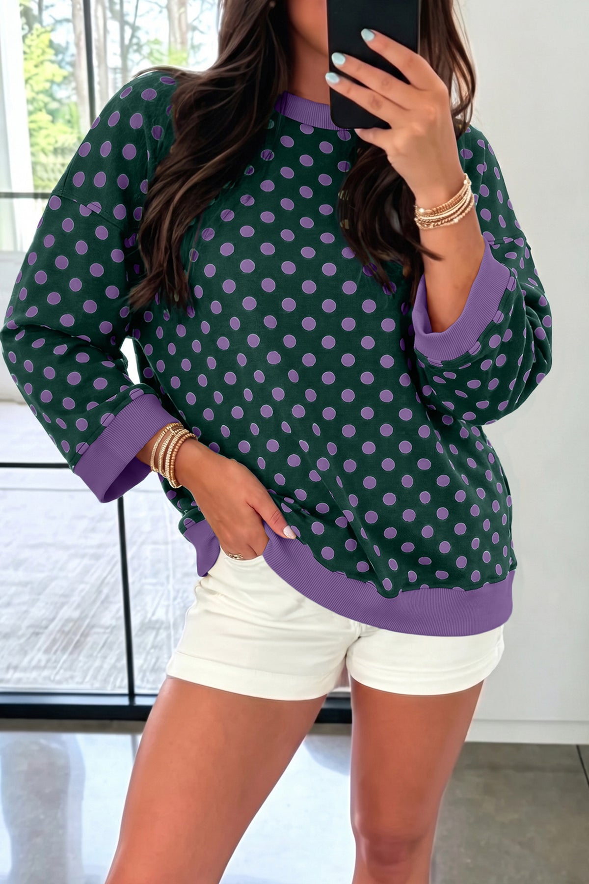 Polka Dot Print Contrast Trim Round Neck Bracelet Sleeve Top