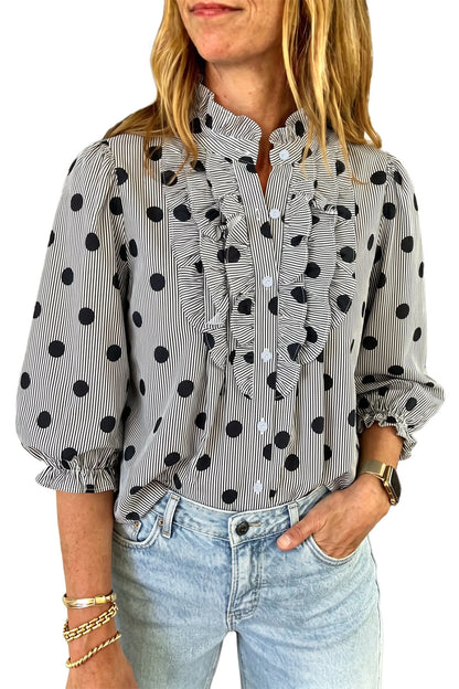 Fiery Red Polka Dot Striped Print Ruffle Stand Neck 3/4 Sleeve Shift Shirt