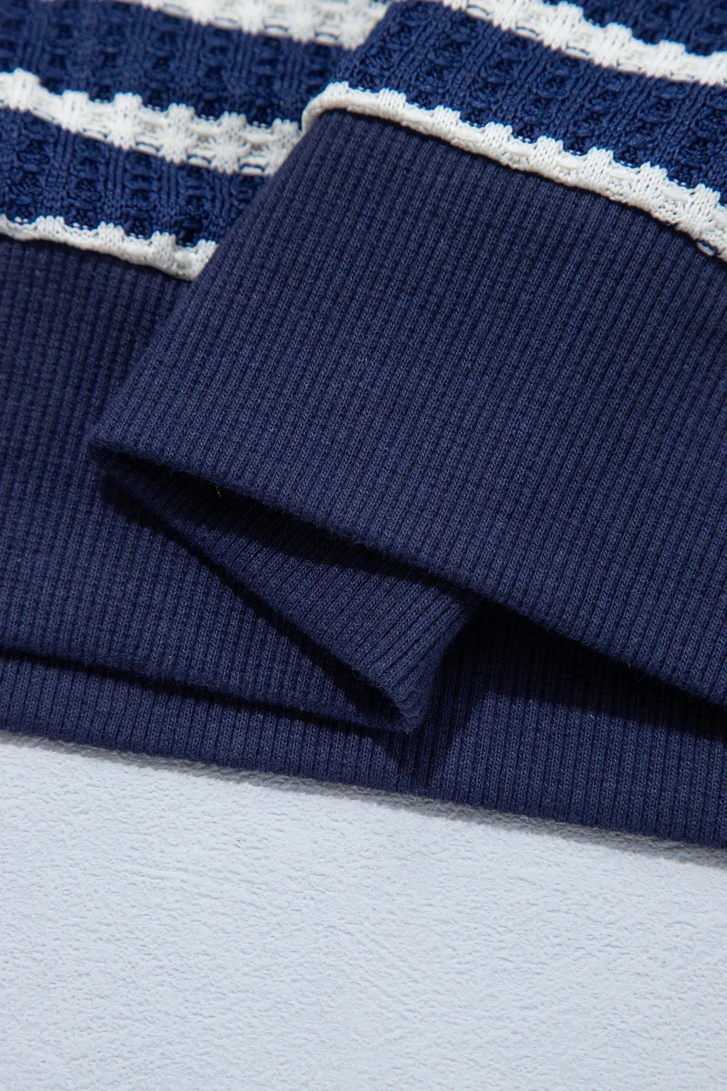 Blue Stripe Textured Knit Half Zip Collared Long Sleeve Top