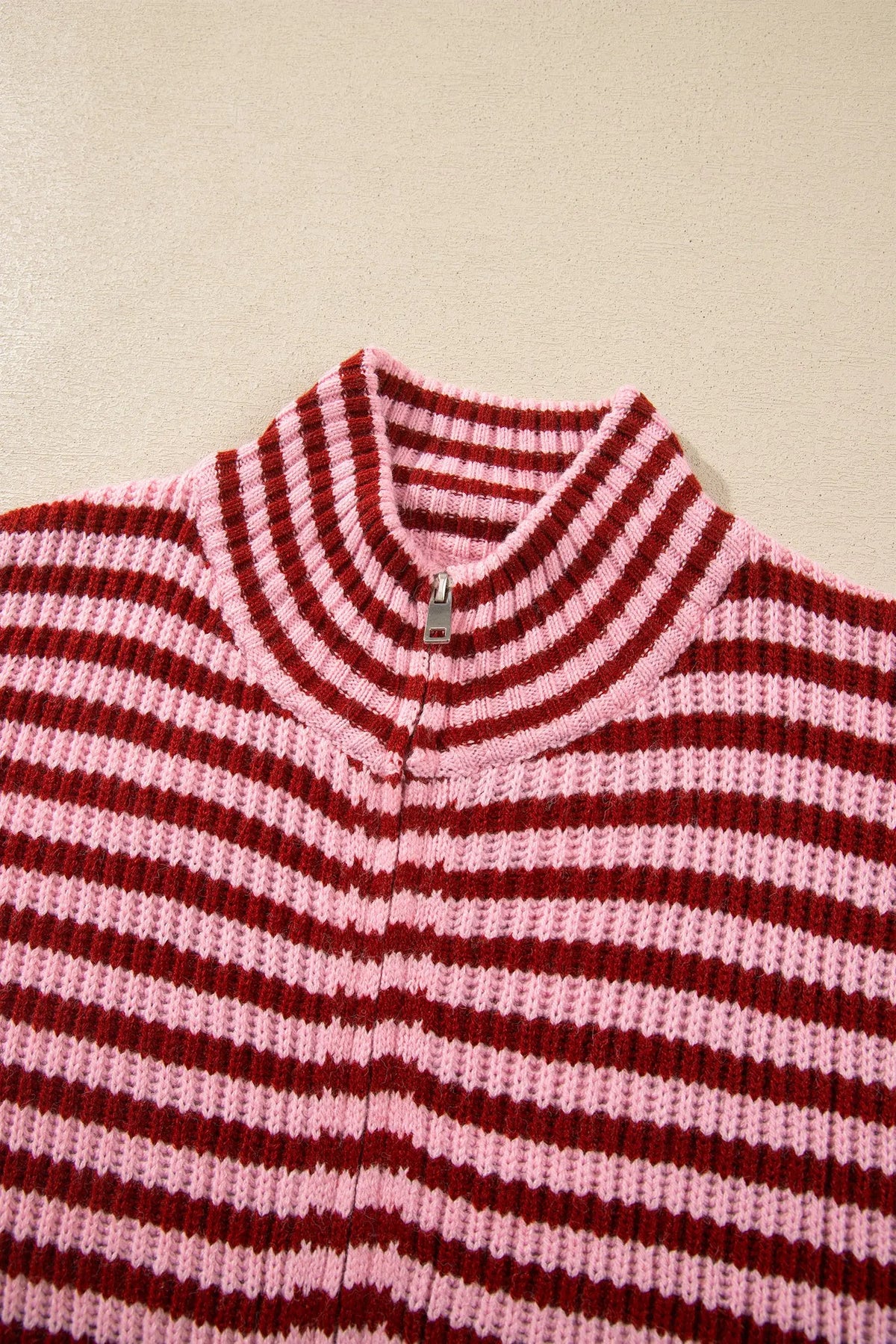 Red Stripe Striped High Neck Zip-up Sweater Long Sleeve Casual Fit Drop Shoulder Open Front Cardigan