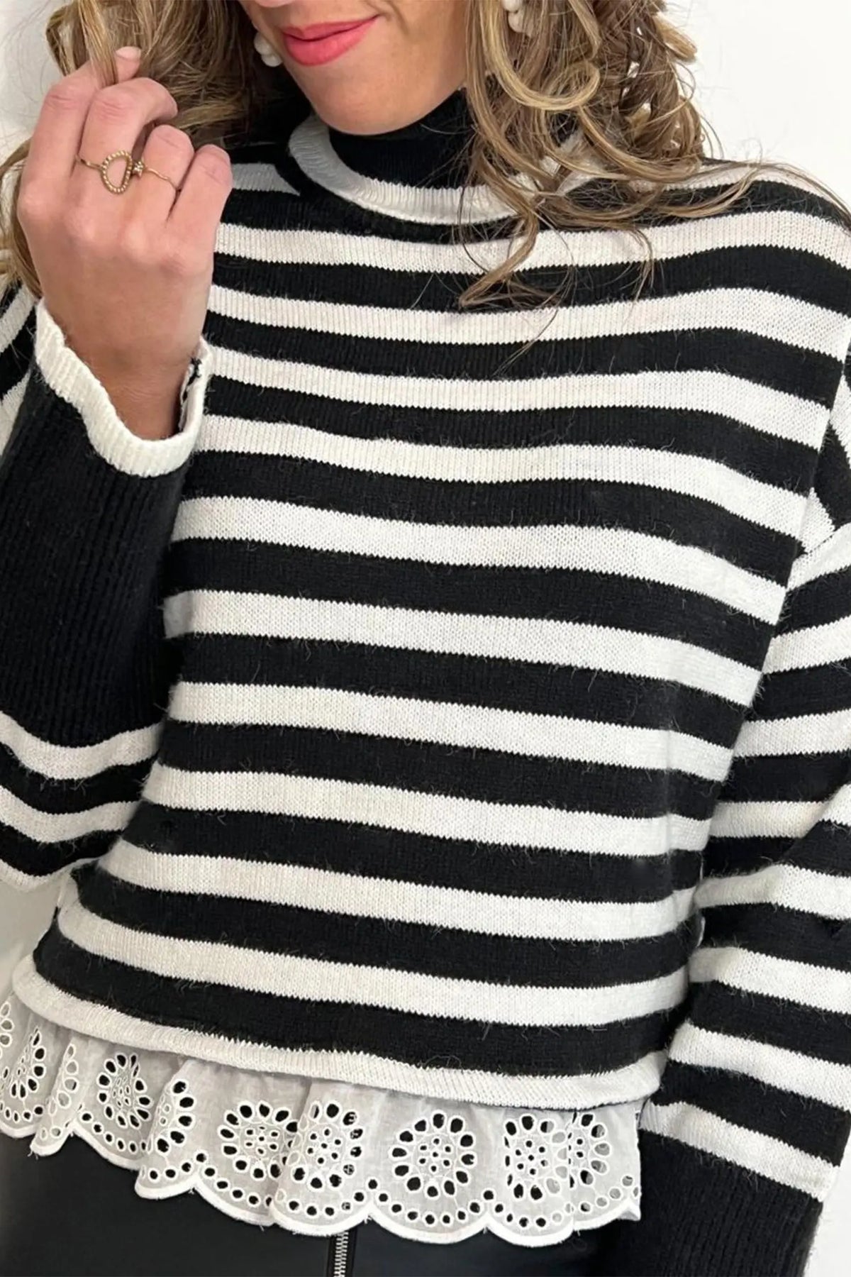 Black Striped High Neck Contrast Ruffle Detail Casual Sweater model front view · nz-alt-v1