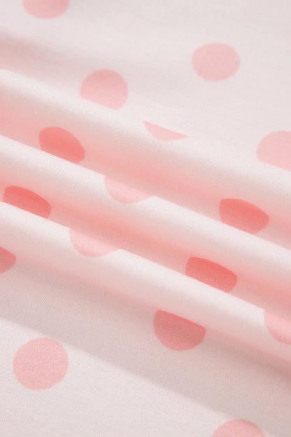 Pink Polka Dot Drop Shoulder Polo Loose Pullover Patch Pocket Casual Shorts Set