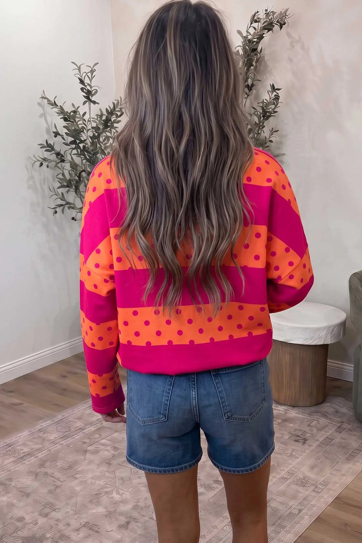 Brown Stripe Patchwork Polka Dot Accent Quarter Zip Long Sleeve Top Pink Stripe model back view · nz-alt-v1