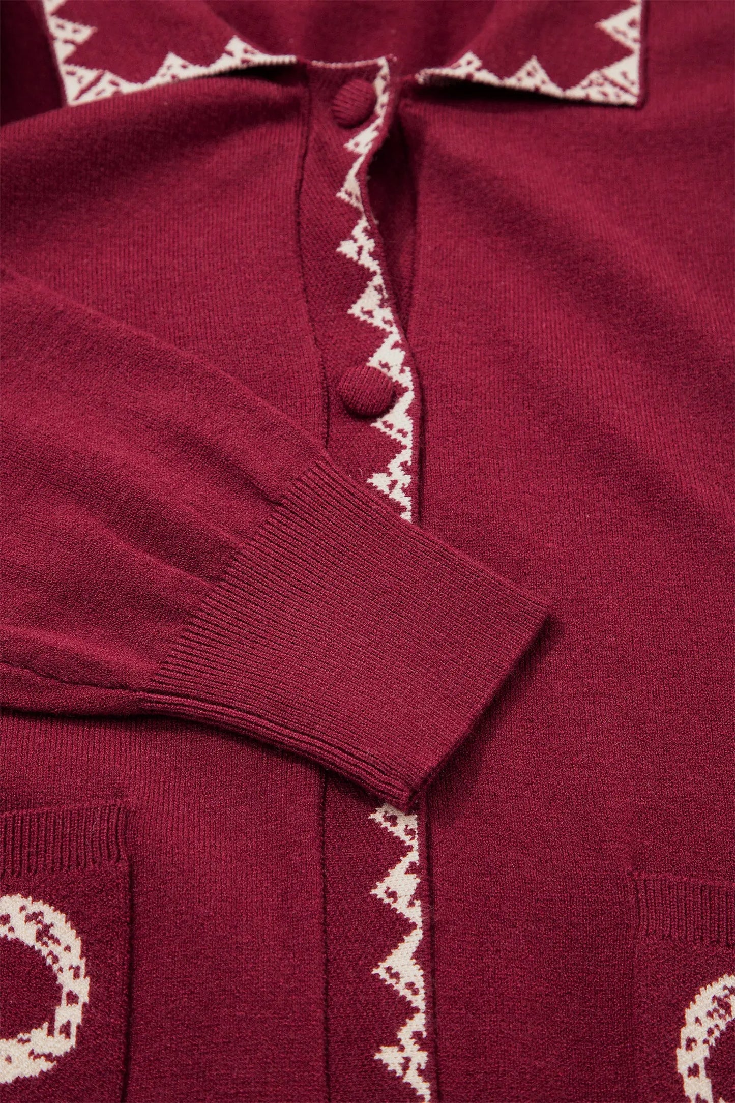 Burgundy Bow Pocket Collar Long Sleeve Knit Cardigan