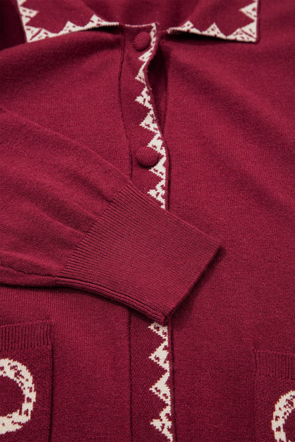 Burgundy Bow Pocket Collar Long Sleeve Knit Cardigan
