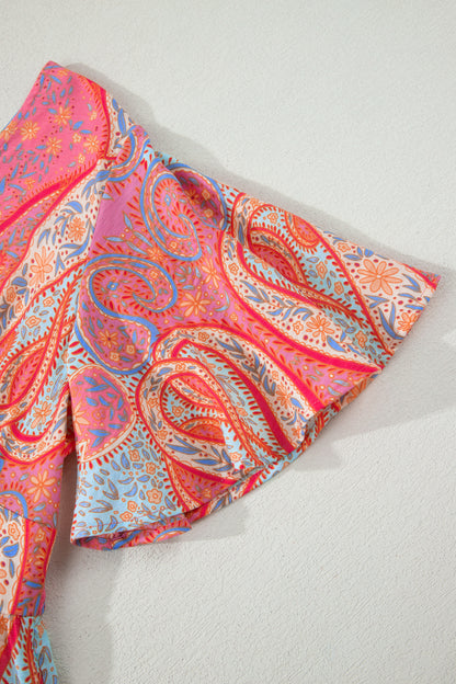 Multicolour Paisley Print V-Neck Short Sleeve Boho Maxi Dress with Ruffle Details