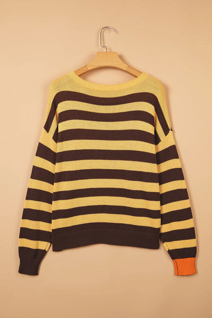 Brown Stripe Striped Drop Shoulder Colorblock Pullover Sweater