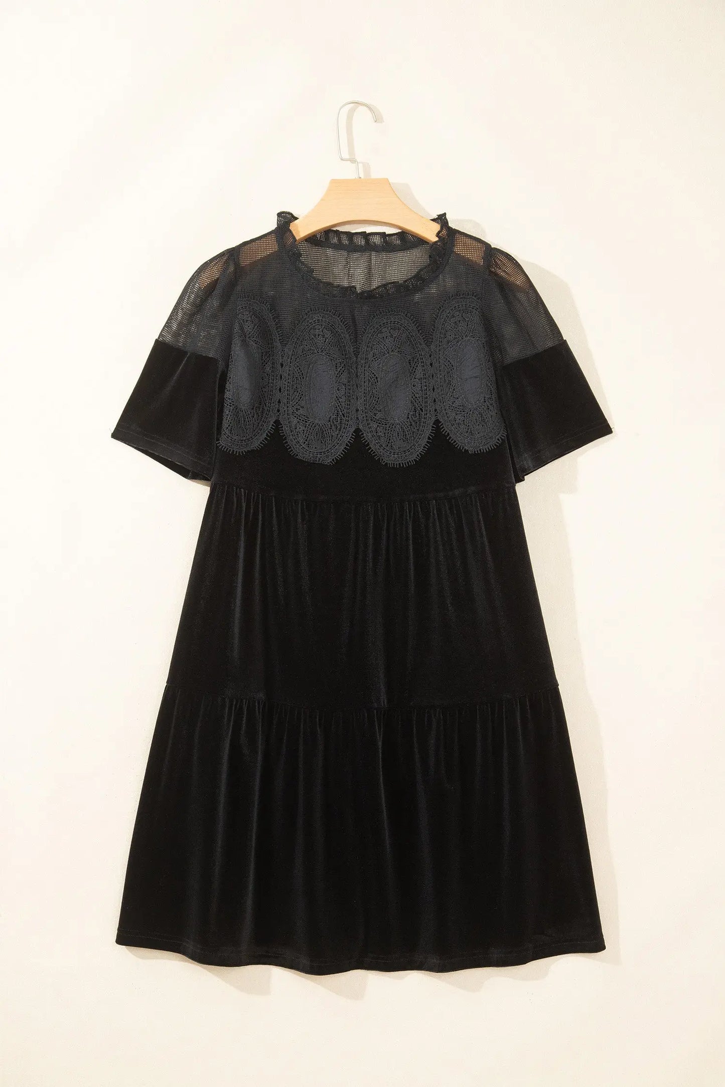 Black Embroidered Velvet Short Sleeve Mini Shift Dress