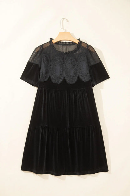 Black Embroidered Velvet Short Sleeve Mini Shift Dress