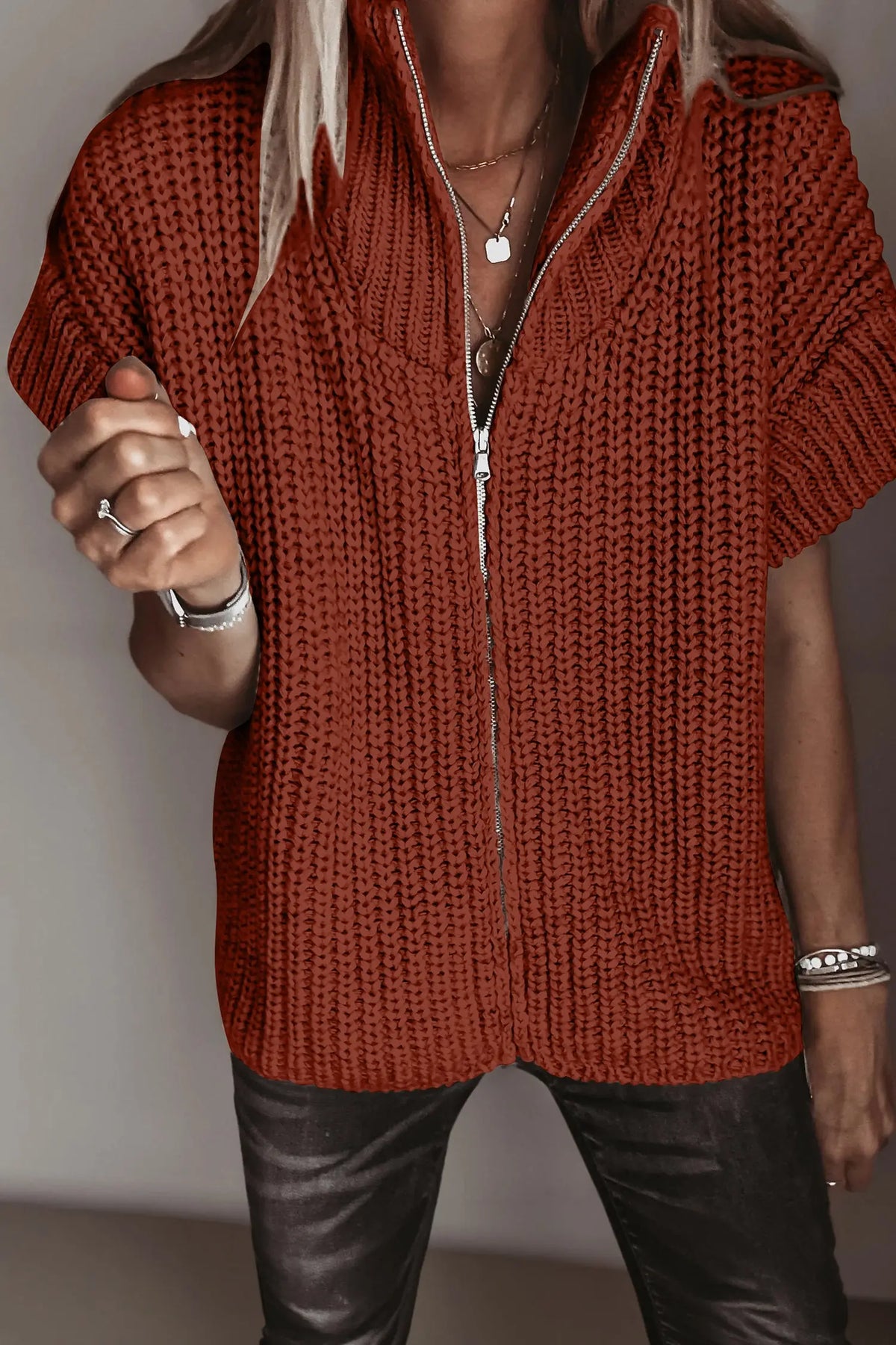Cinnamon short sleeve zipper knit high neck sweater, model front view · nz-alt-v1