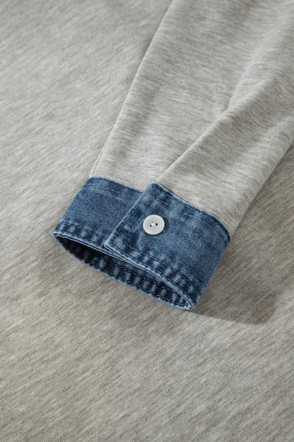 Sleet Denim Collar Patchwork Long Sleeve Pullover Top