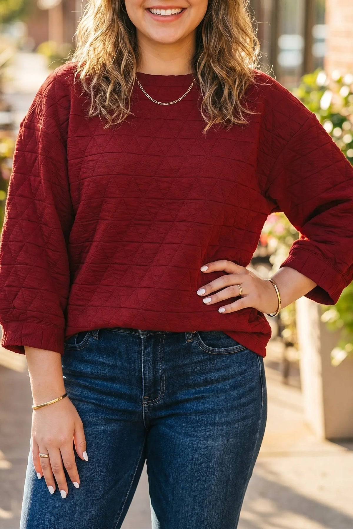 Racing Red Solid Round Neck Tunic Adjustable Cuffs Shift Plus Size Blouse