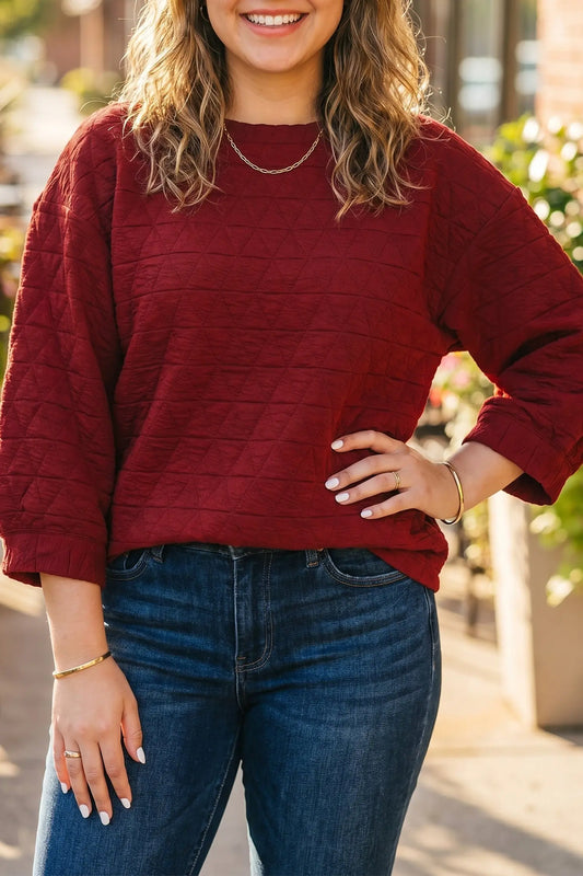Racing Red Solid Round Neck Tunic Adjustable Cuffs Shift Plus Size Blouse model front view · nz-alt-v1
