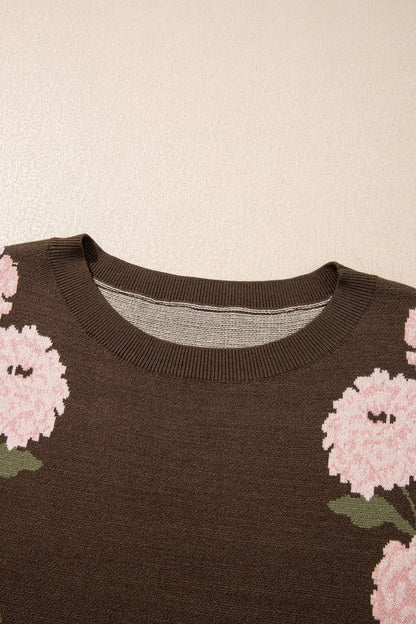 Dark Brown Floral Print Drop Shoulder Relaxed Pullover Sweater