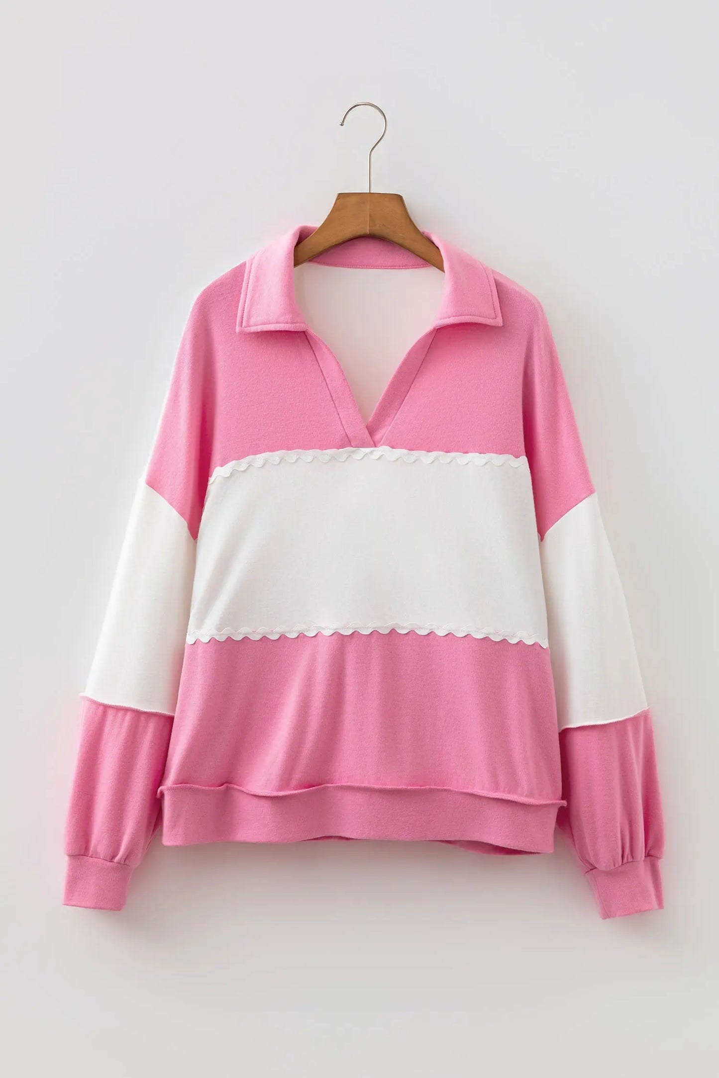 Rose Red Color Block Ricrac Trim Patchwork Collar V Neck Long Sleeve Top