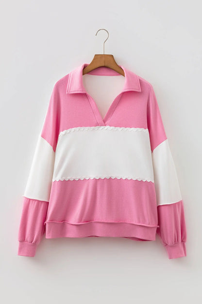 Rose Red Color Block Ricrac Trim Patchwork Collar V Neck Long Sleeve Top