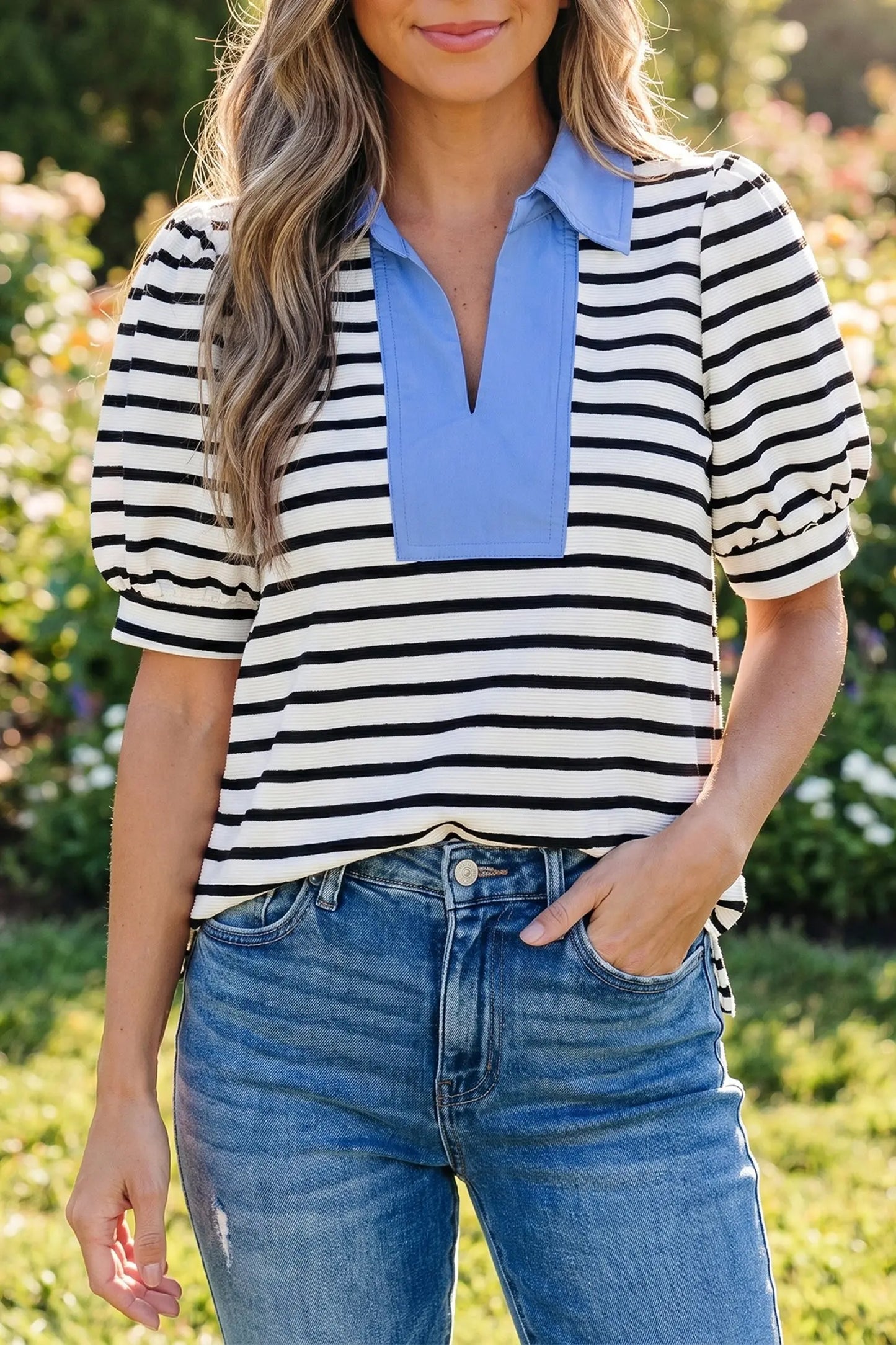 Blue Stripe Short Puff Sleeve Color Block Polo Collar Blouse Nataliz