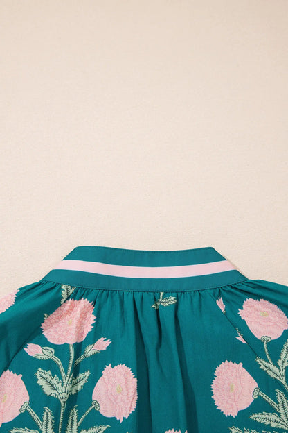 Sky Blue Casual Wild Flower Print V Neck 3/4 Sleeve Blouse Nataliz
