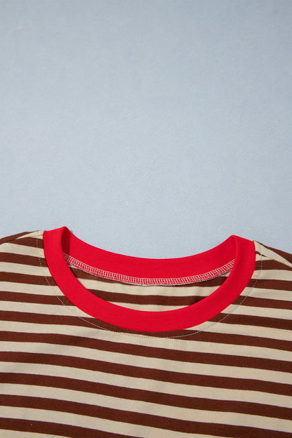 Brown Stripe Striped Colorblock Cuffs Round Neck Long Sleeve Shift Dress
