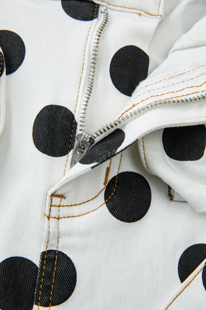Sky Blue Polka Dot Print Bow Detail Pocketed Jeans