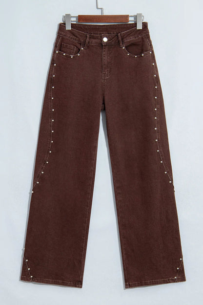 Coffee Side Seam Rivet Detail Ankle Length Casual Jeans