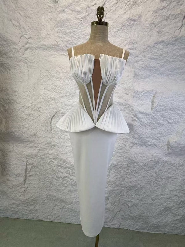 Pleated Corset Peplum Midi Dress with Sheer Panel mannequin view · nz-alt-v1