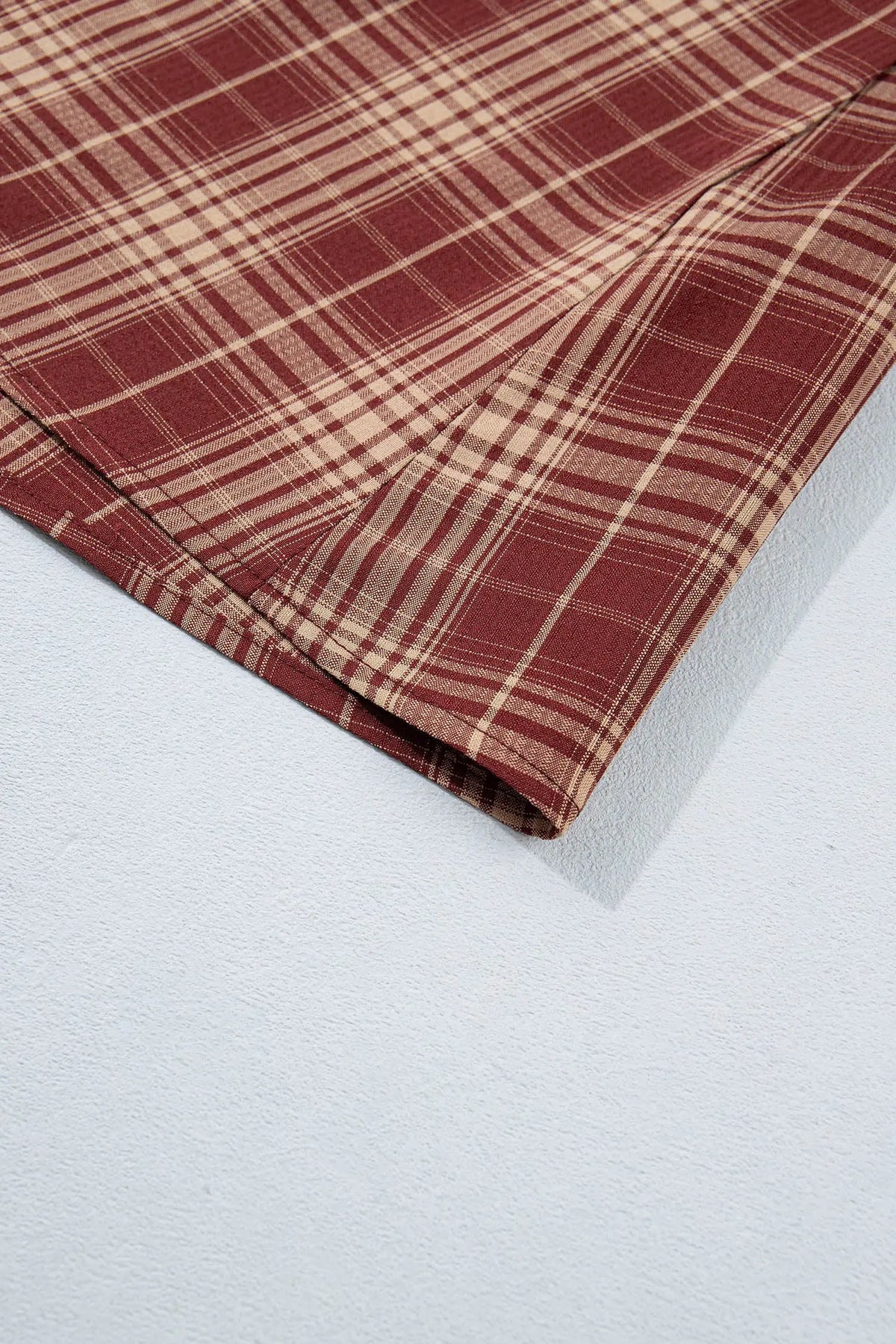 Red Vintage Plaid Knot Front Smocked High Waist Midi Dress plaid fabric detail view · nz-alt-v1