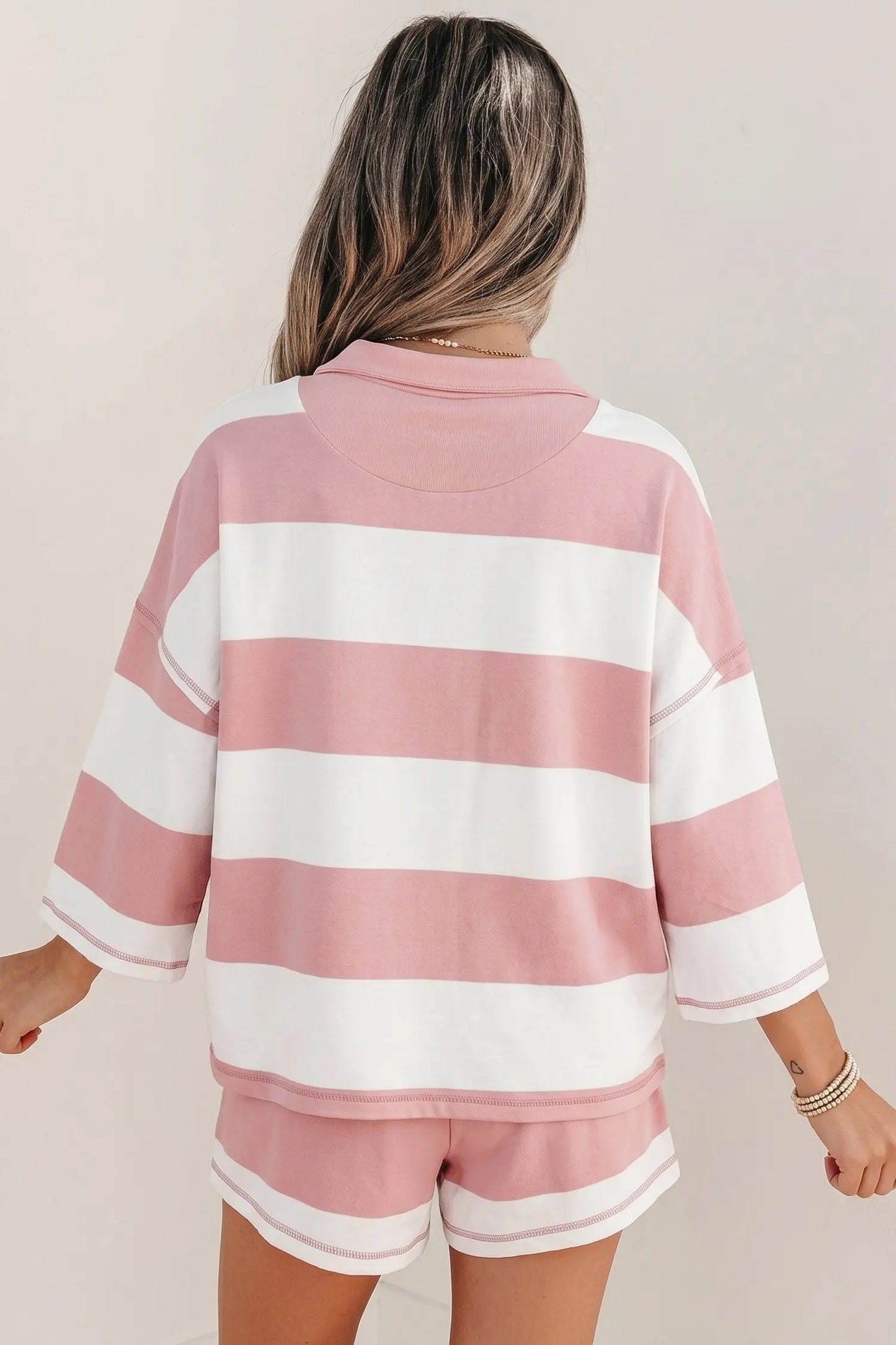 Pink Stripe Half Zip Bracelet Sleeve Top Casual Short Set