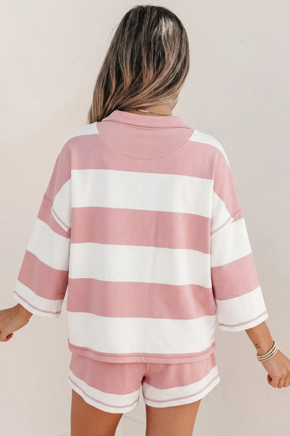 Pink Stripe Half Zip Bracelet Sleeve Top Casual Short Set