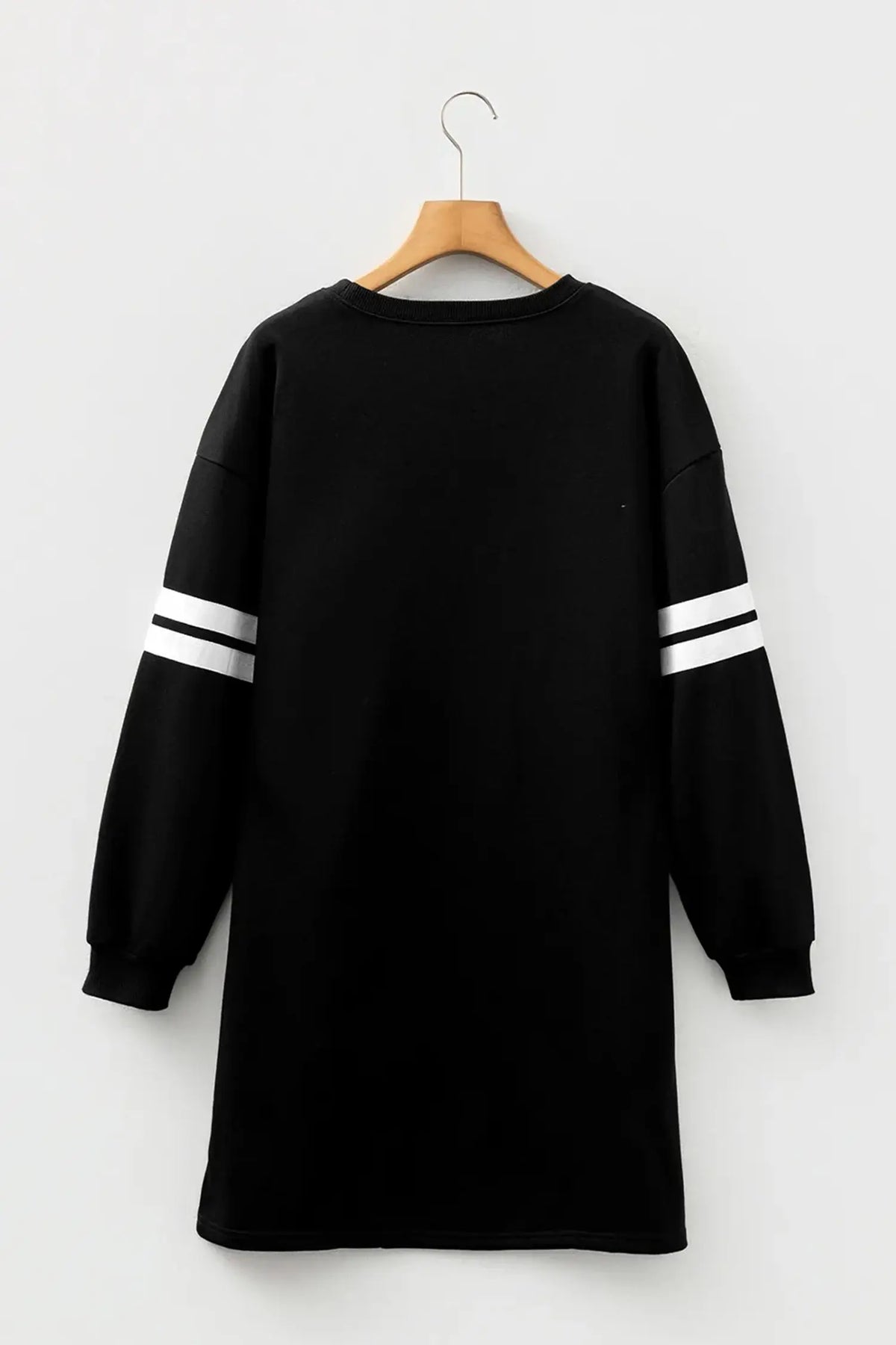 Black sequin ghost varsity striped sleeve Halloween sweatshirt dress hanging view · nz-alt-v1