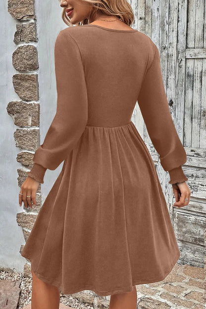 Dark Grey Shirred Cuff Long Sleeve Button Round Neck Mini Dress