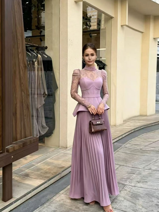 Long Sleeve Peplum Pleated Maxi Dress model front view