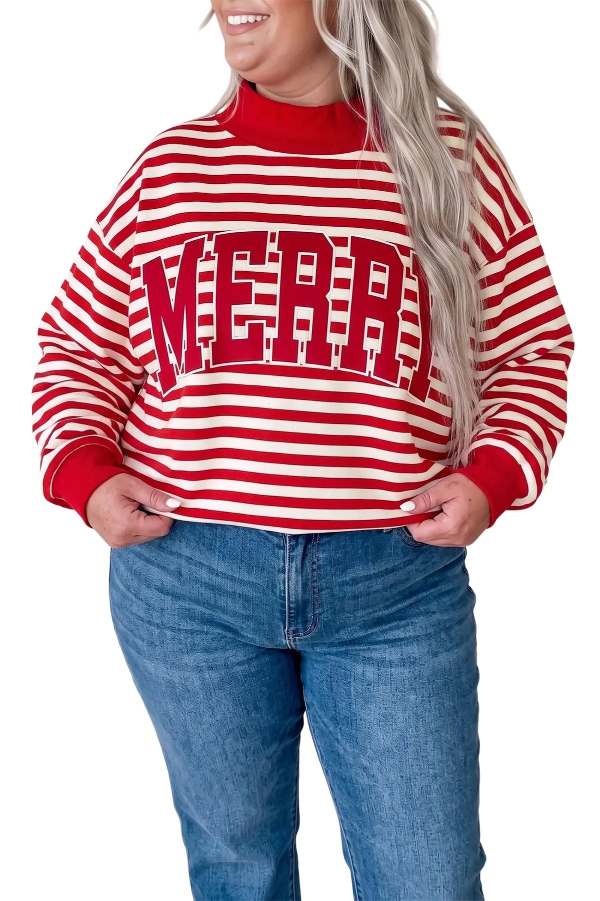 Red Stripe Plus Size MERRY Festive Letter Embroidery Patched Graphic Pullover Sweatshirt