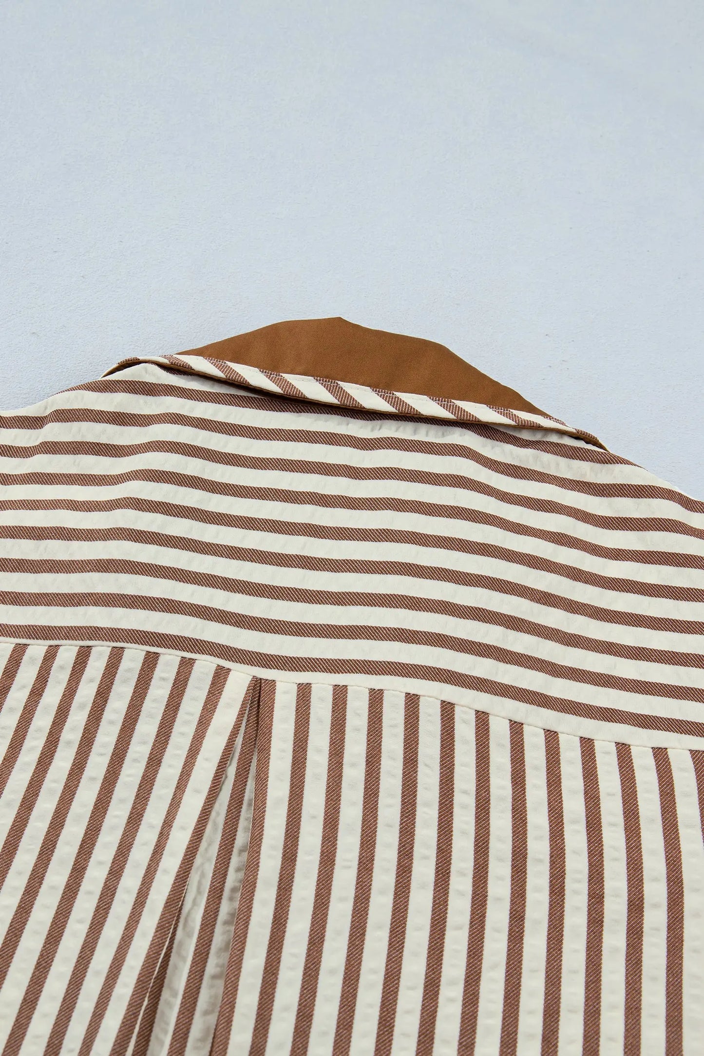 Brown Stripe Shirt Collar Color Block Patchwork Trim Ruffle Hem Short Dress