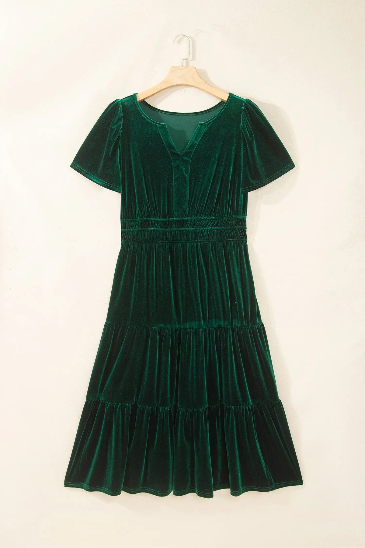 Blackish Green Velvet Short Sleeve Shirred Waist Tiered Plus Size Maxi Dress