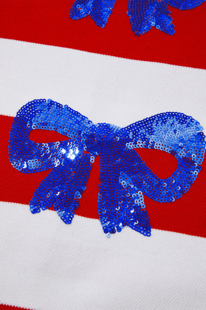 Red Stripe Sequin Bow Patriotic Half Sleeve Top - Tops