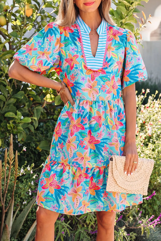 Multicolour Floral Print Contrast Scallop Striped Trim V Neck Dress Nataliz