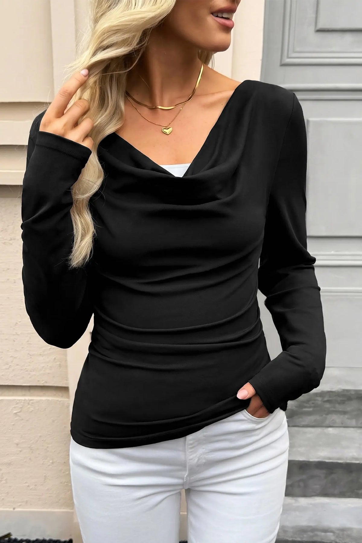 Black Color Block Drape V Neck Pleated Long Sleeve Top