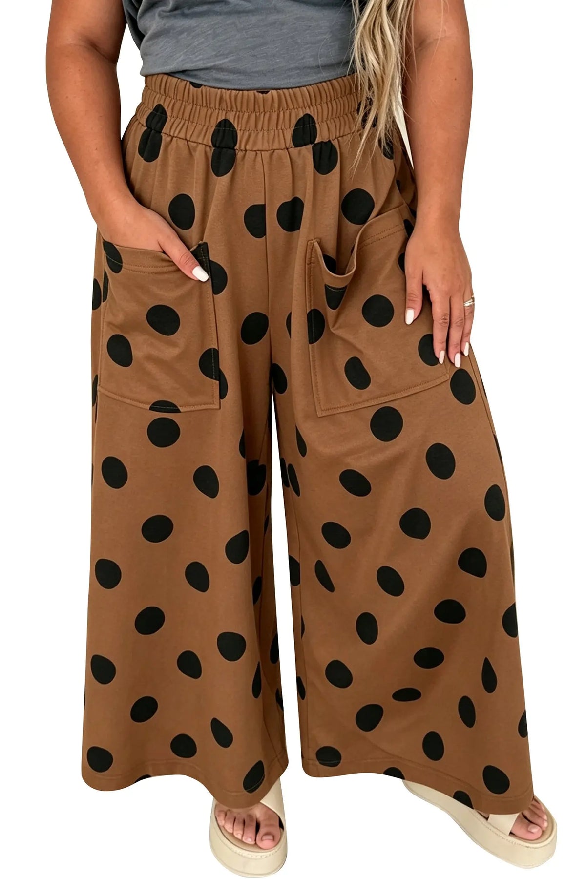 Brown Polka Dot Elastic Waist Wide Leg Plus Size Pants